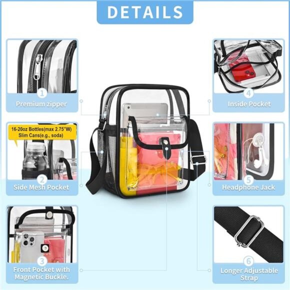 Clear Crossbody Bag for Stadium Events & Concerts - Adjustable Shoulder Strap - Picture 5 of 7